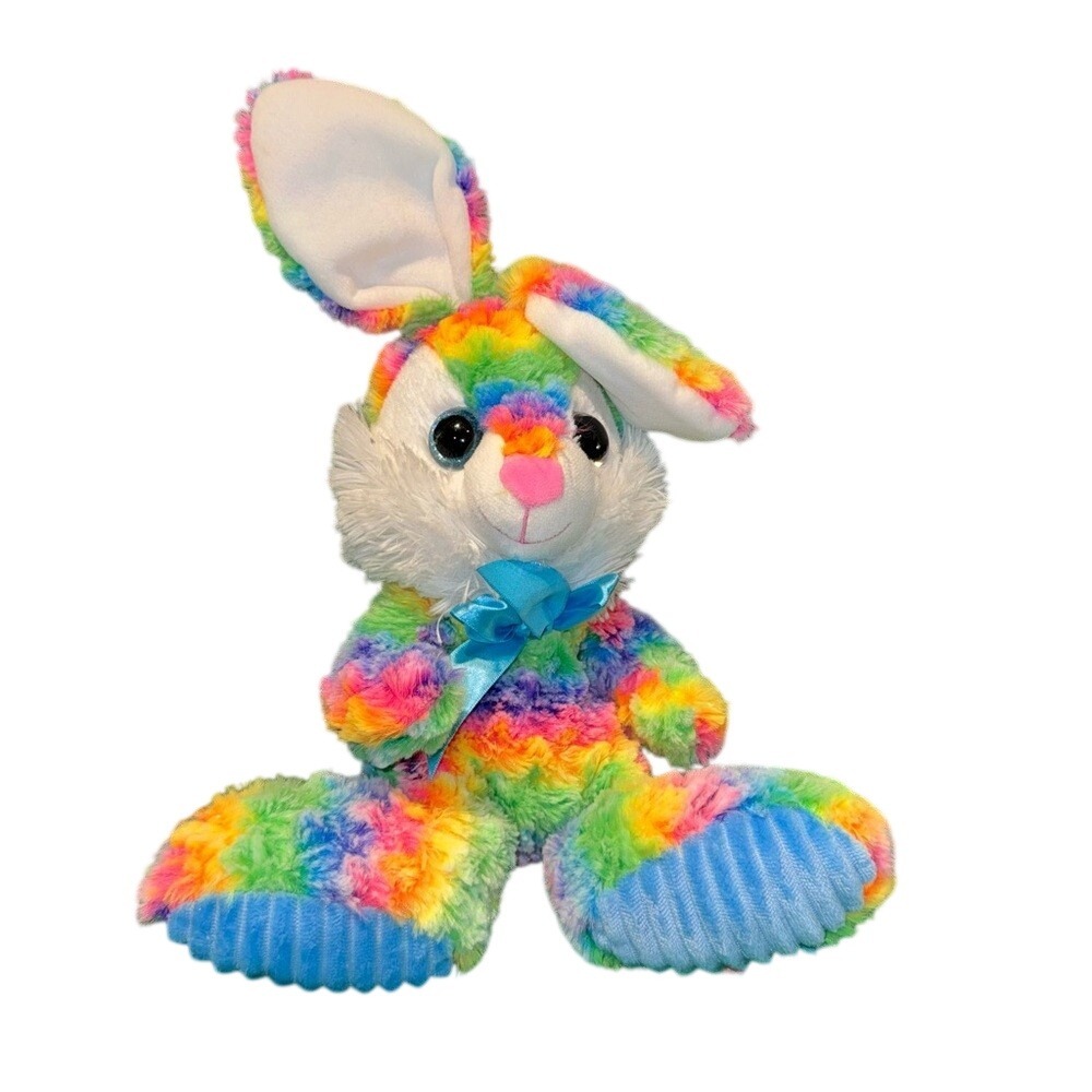 Midwood Brand Rainbow Bunny Rabbit 10 inch Plush Blue Sparkle Eyes Textured Feet